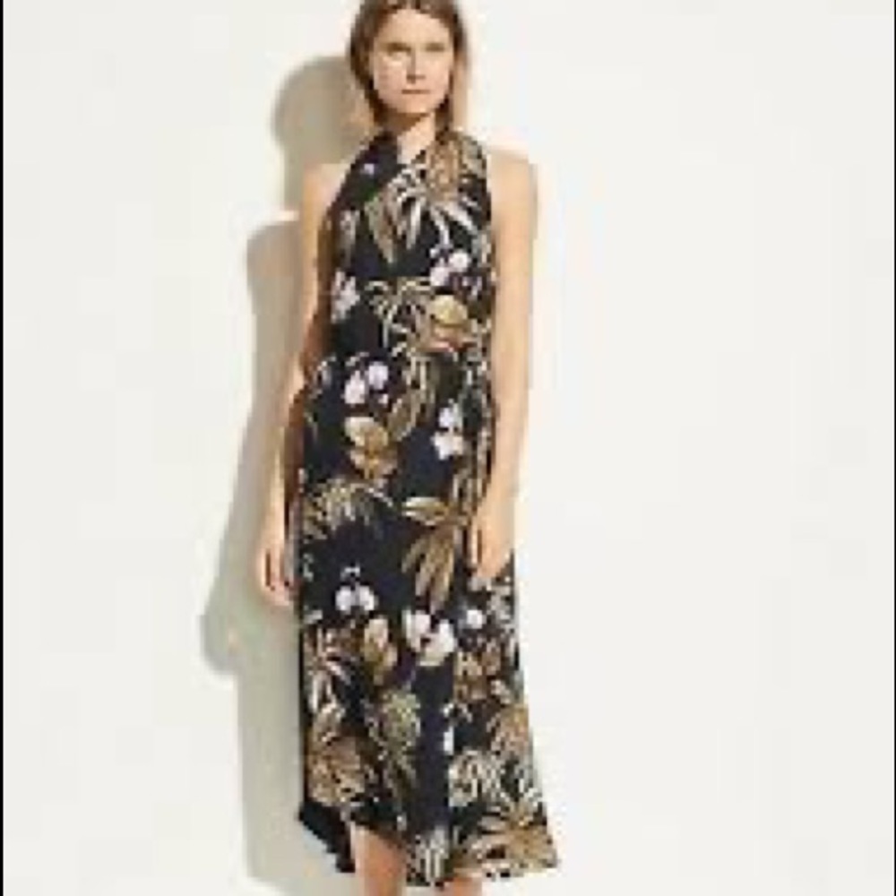 Vince Tropical Garden Print with Navy Background Midi Dress. Size Medium.